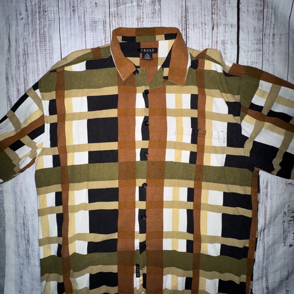 Trust Men's 3XL Linen Blend Oversized Plaid Short Sleeve Camp Shirt